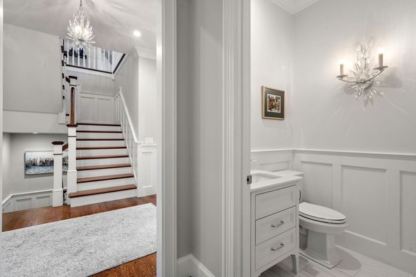 Bathroom, Chandelier, Interior, Recessed Lighting, Wood Texture Flooring