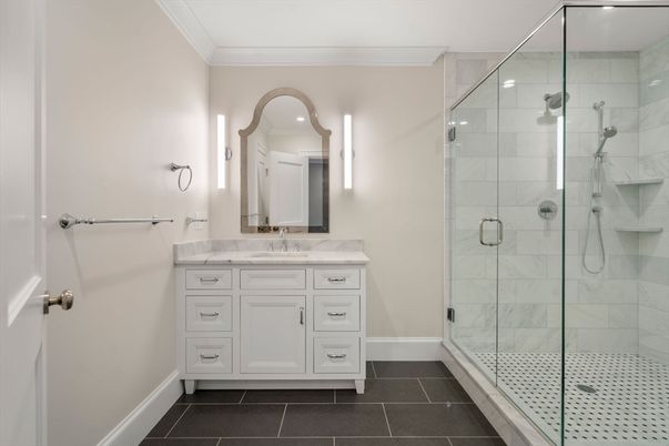 Bathroom, Glass Shower, Interior, Marble Walls, Recessed Lighting