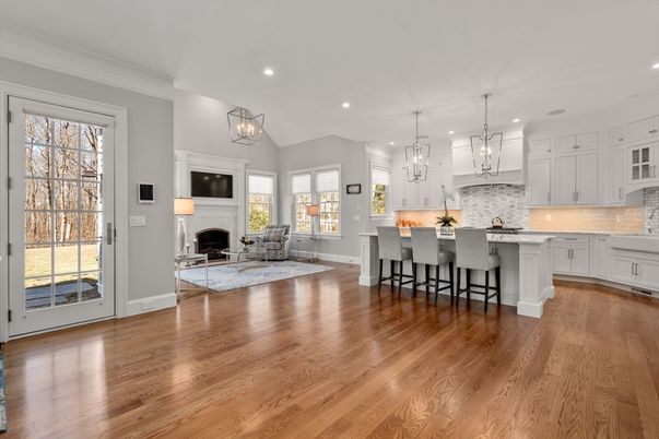 Fireplace, Interior, Kitchen, Living room, Pendant Lights, Recessed Lighting, Wood Texture Flooring