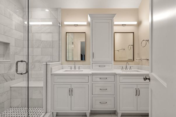Bathroom, Dual Sink Vanities, Glass Shower, Interior, Marble Walls