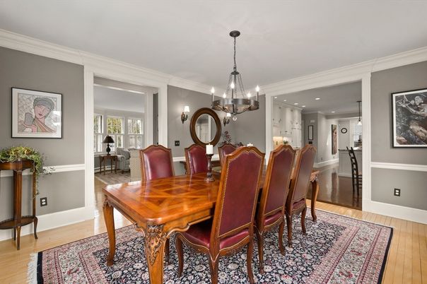 Dining room, Interior, Kitchen, Pendant Lights, Recessed Lighting, Wood Texture Flooring