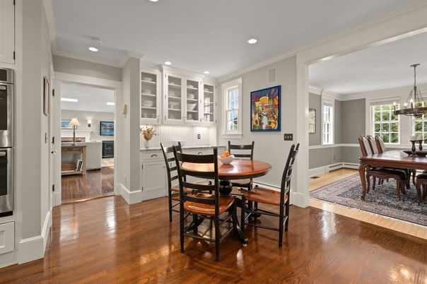 Chandelier, Dining room, Interior, Pendant Lights, Recessed Lighting, Wood Texture Flooring