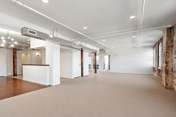 Empty room, Interior, Recessed Lighting, Stone Walls, Wood Texture Flooring