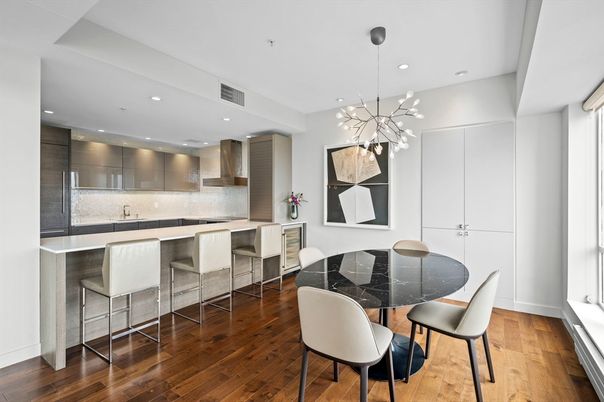 Dining room, Interior, Kitchen, Pendant Lights, Recessed Lighting, Stainless Steel Appliances, Wood Texture Flooring