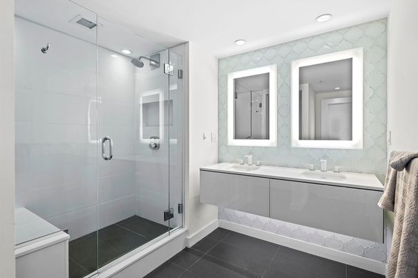 Bathroom, Dual Sink Vanities, Glass Shower, Interior, Recessed Lighting