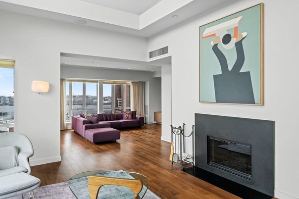 Fireplace, Interior, Living room, Recessed Lighting, Wood Texture Flooring