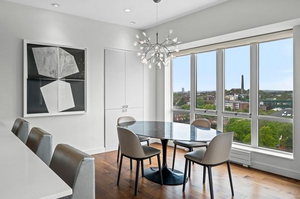 Dining room, Interior, Pendant Lights, Recessed Lighting, Wood Texture Flooring