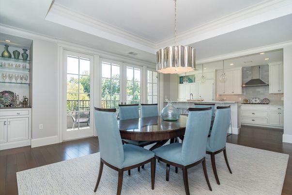 Dining room, Interior, Kitchen, Pendant Lights, Recessed Lighting, Wood Texture Flooring