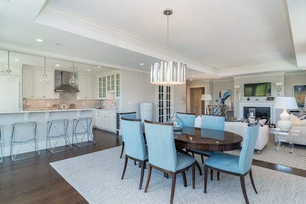 Dining room, Fireplace, Interior, Kitchen, Living room, Pendant Lights, Recessed Lighting, Wood Texture Flooring