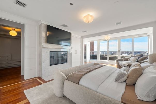 Bedroom, Fireplace, Interior, Wood Texture Flooring