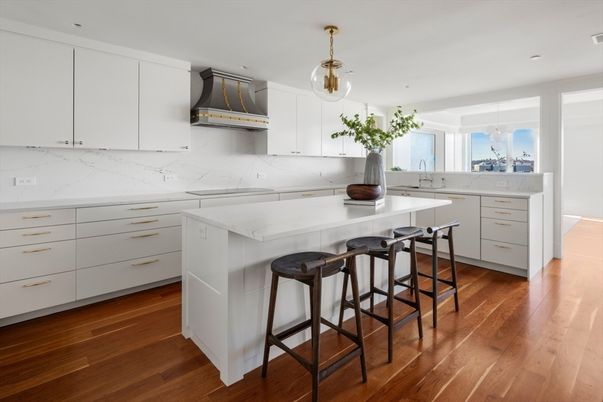 Interior, Kitchen, Marble Walls, Pendant Lights, Recessed Lighting, Stainless Steel Appliances, Wood Texture Flooring