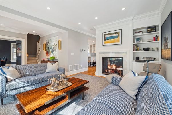 Fireplace, Interior, Living room, Recessed Lighting, Wood Texture Flooring