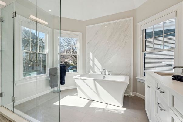Bathroom, Free Standing Baths, Glass Shower, Interior, Marble Walls