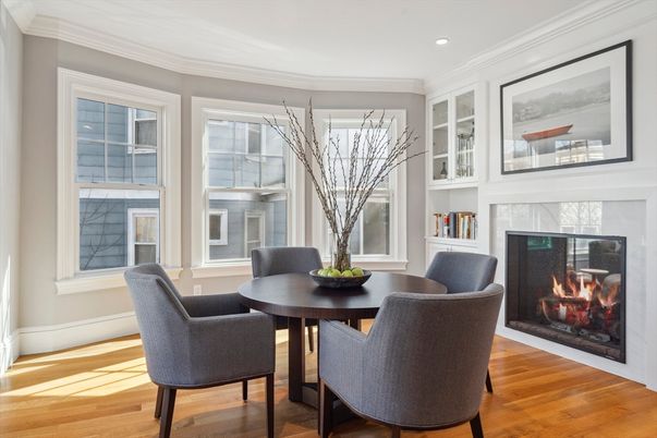 Dining room, Fireplace, Interior, Recessed Lighting, Wood Texture Flooring