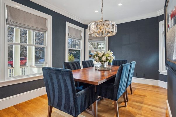 Dining room, Interior, Pendant Lights, Recessed Lighting, Wood Texture Flooring