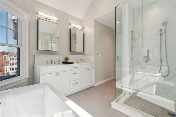 Bathroom, Dual Sink Vanities, Glass Shower, Interior, Marble Walls