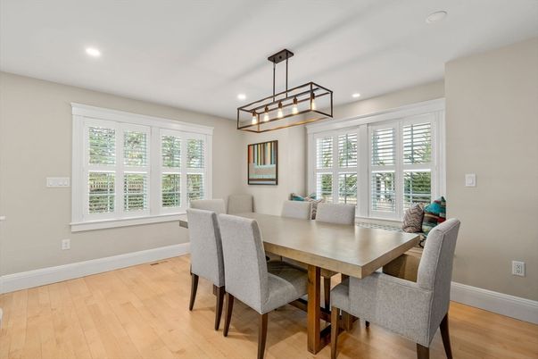 Dining room, Interior, Pendant Lights, Recessed Lighting, Wood Texture Flooring