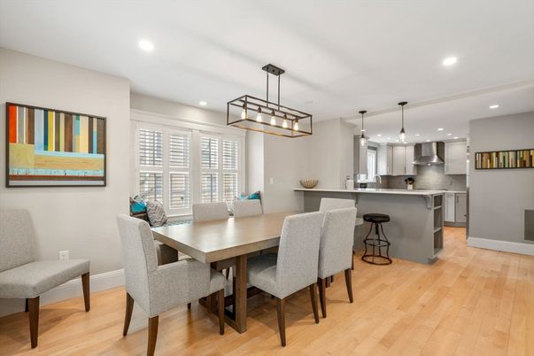 Dining room, Interior, Kitchen, Pendant Lights, Recessed Lighting, Stainless Steel Appliances, Wood Texture Flooring