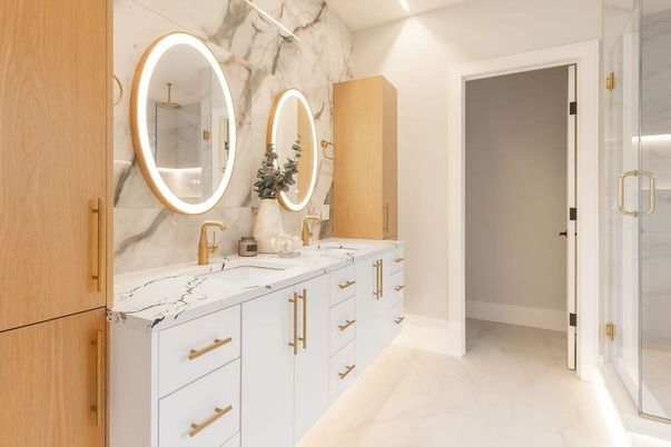 Bathroom, Dual Sink Vanities, Glass Shower, Interior, Marble, Marble Walls, Recessed Lighting