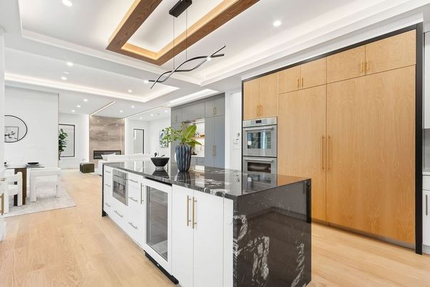 Interior, Kitchen, Pendant Lights, Recessed Lighting, Stainless Steel Appliances, Wooden Beams, Wood Texture Flooring