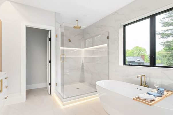 Bathroom, Free Standing Baths, Glass Shower, Interior, Marble, Marble Walls