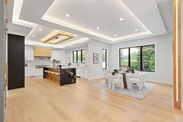 Dining room, Interior, Kitchen, Recessed Lighting, Wood Texture Flooring
