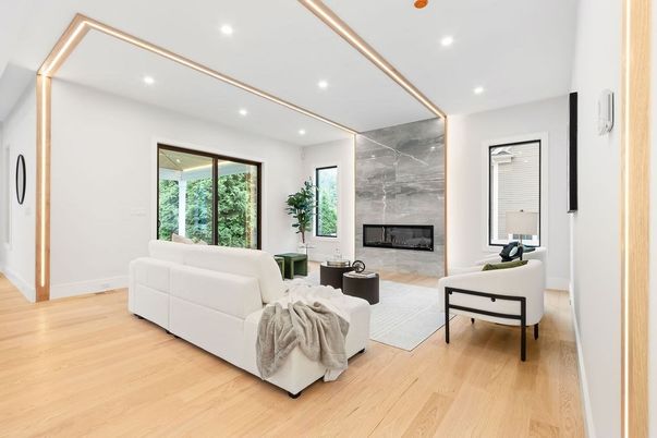 Fireplace, Interior, Living room, Marble Walls, Recessed Lighting, Wood Texture Flooring