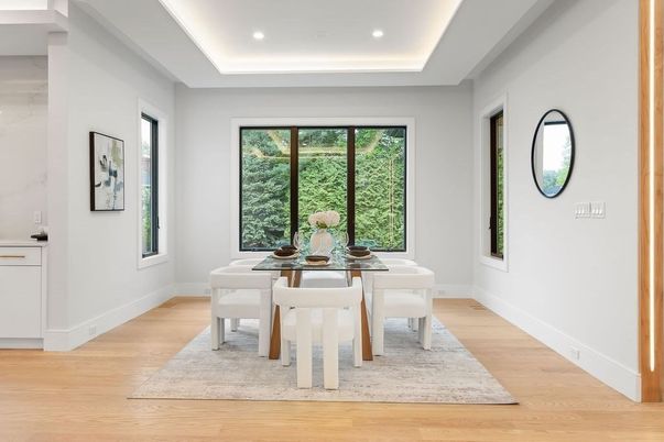 Dining room, Interior, Recessed Lighting, Wood Texture Flooring