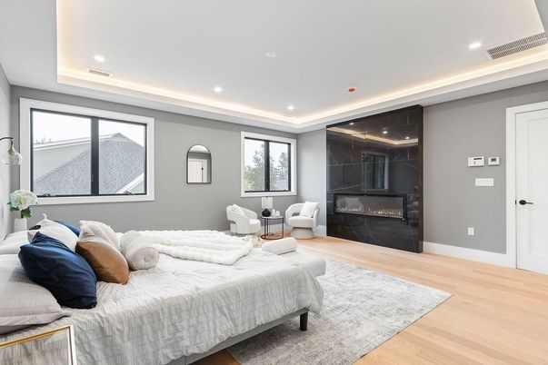 Bedroom, Fireplace, Interior, Marble Walls, Recessed Lighting, Wood Texture Flooring