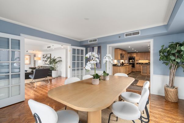 Dining room, Interior, Kitchen, Living room, Recessed Lighting, Stainless Steel Appliances, Wood Texture Flooring