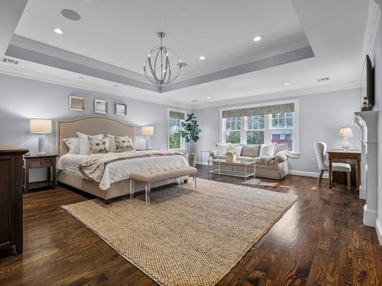 Bedroom, Chandelier, Interior, Recessed Lighting, Wood Texture Flooring