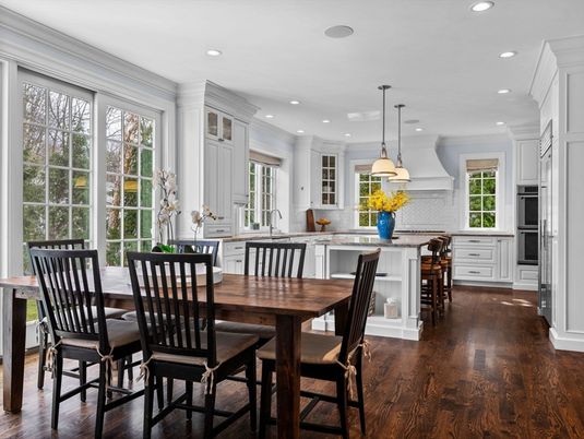 Dining room, Interior, Kitchen, Pendant Lights, Recessed Lighting, Wood Texture Flooring
