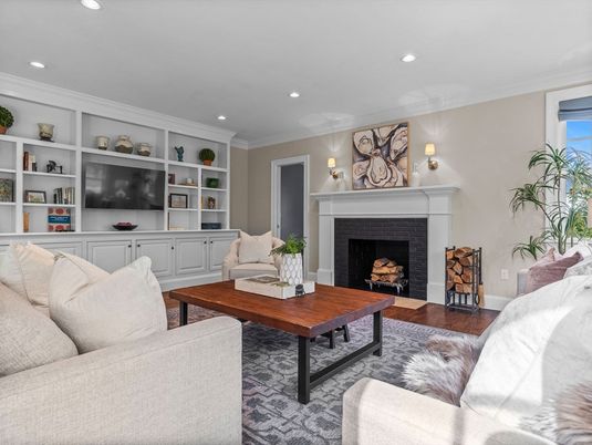 Fireplace, Interior, Living room, Recessed Lighting, Wood Texture Flooring