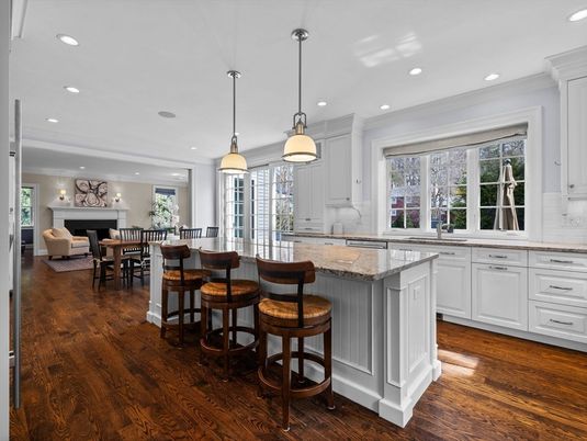 Dining room, Fireplace, Interior, Kitchen, Living room, Pendant Lights, Recessed Lighting, Wood Texture Flooring