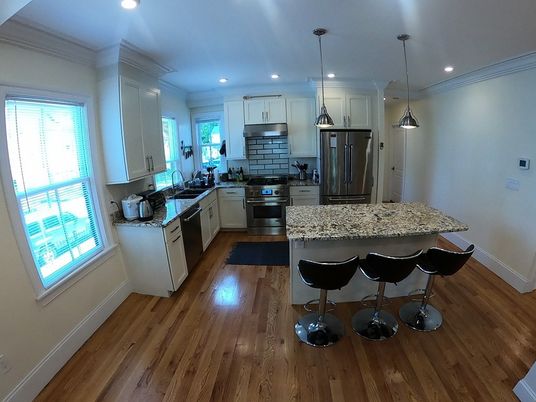 Interior, Kitchen, Pendant Lights, Recessed Lighting, Stainless Steel Appliances, Wood Texture Flooring