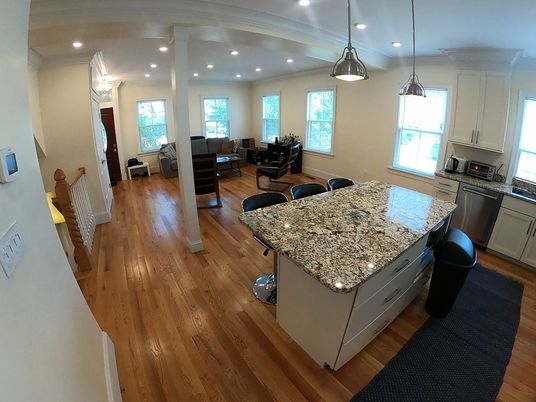 Interior, Kitchen, Living room, Pendant Lights, Recessed Lighting, Wood Texture Flooring