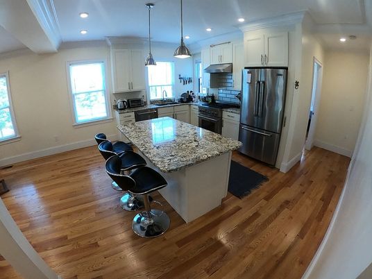Interior, Kitchen, Pendant Lights, Recessed Lighting, Stainless Steel Appliances, Wood Texture Flooring