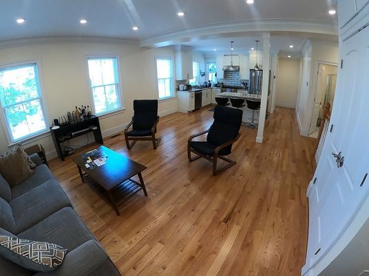 Interior, Kitchen, Living room, Pendant Lights, Recessed Lighting, Wood Texture Flooring