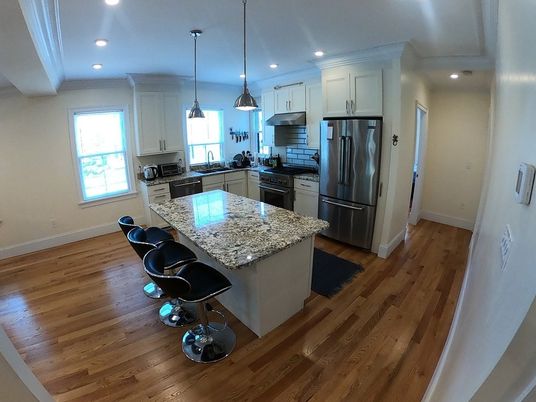 Interior, Kitchen, Pendant Lights, Recessed Lighting, Stainless Steel Appliances, Wood Texture Flooring