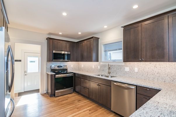 Interior, Kitchen, Recessed Lighting, Stainless Steel Appliances, Wood Texture Flooring