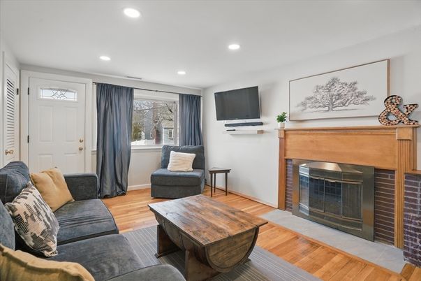 Fireplace, Interior, Living room, Recessed Lighting, Wood Texture Flooring
