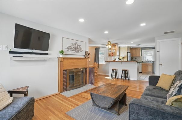 Fireplace, Interior, Kitchen, Living room, Recessed Lighting, Wood Texture Flooring
