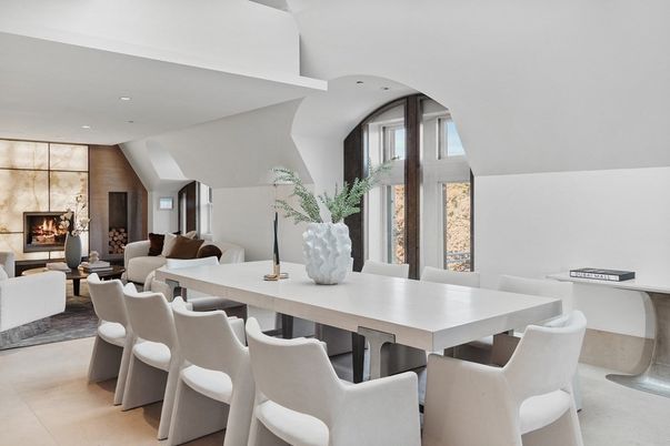 Dining room, Fireplace, Interior, Living room, Recessed Lighting
