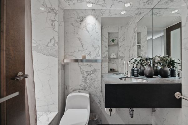 Bathroom, Interior, Marble Walls, Recessed Lighting