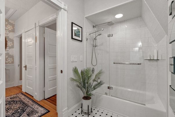 Bathroom, Glass Shower, Interior, Recessed Lighting, Wood Texture Flooring