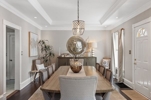 Dining room, Interior, Pendant Lights, Recessed Lighting, Wood Texture Flooring