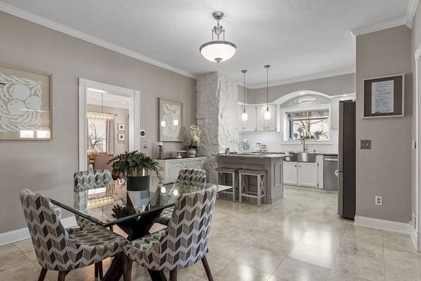 Dining room, Interior, Kitchen, Marble Walls, Pendant Lights