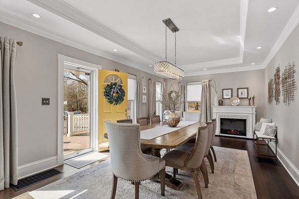 Chandelier, Dining room, Fireplace, Interior, Pendant Lights, Recessed Lighting, Wood Texture Flooring