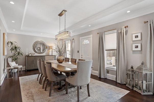 Chandelier, Dining room, Interior, Pendant Lights, Recessed Lighting, Wood Texture Flooring