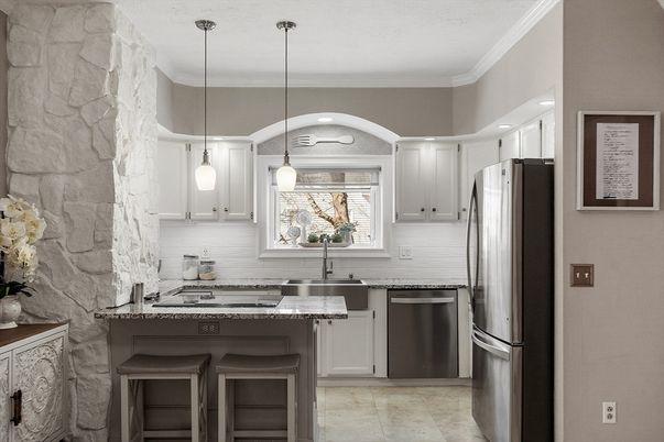 Interior, Kitchen, Pendant Lights, Recessed Lighting, Stainless Steel Appliances, Stone Walls